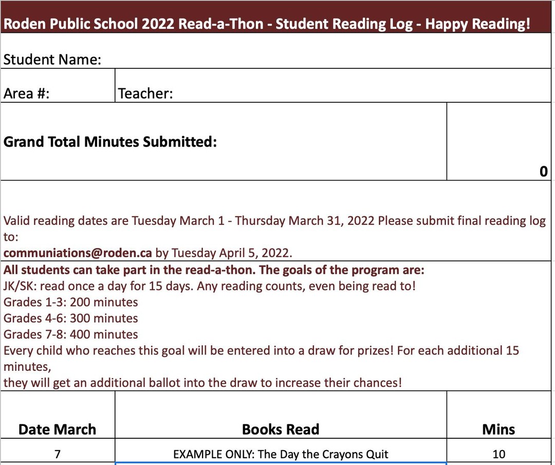 It's the final days of the Roden Read-A-Thon! Make sure to update your reading log with all you've read. You can do this online by making a copy of the excel here: https://docs.google.com/spreadsheets/d/1trLz5M5qyHg6oNM0LLGVoSmE6aDey6qi/edit?usp=sharing&ouid=115706135679129213079&rtpof=true&sd=true, using a paper copy from the library or just writing it down. Make sure to include your name, area, teacher name, what you read, when, and how long.