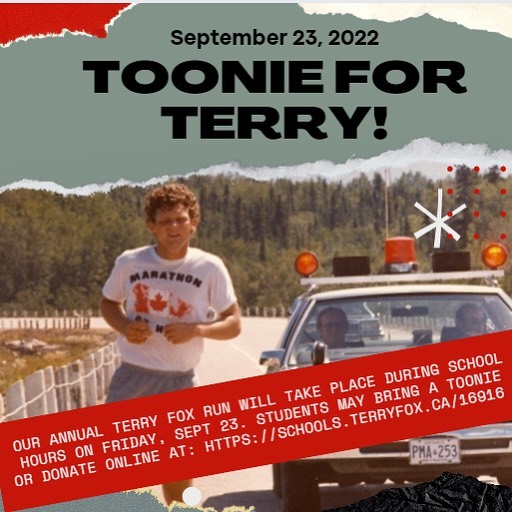 The annual Terry Fox Run is taking place at school this Friday! Students may bring a toonie to school if they wish or donate online. Link in bio. #toonieforterry