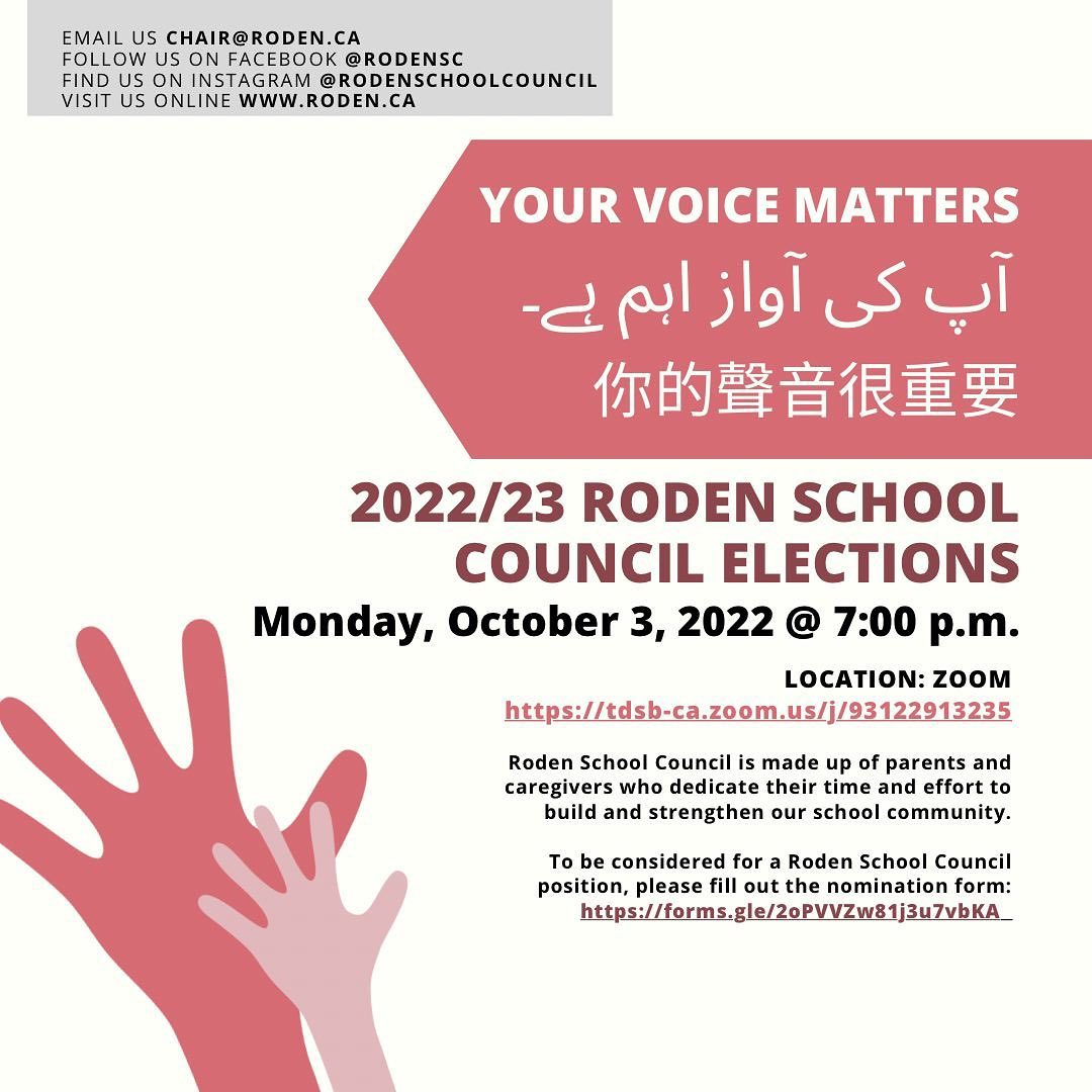 Roden School Council nominations are taking place at the first meeting of the year (Monday, October 3, over Zoom). We urge everyone who is interested in joining to complete the nomination form (check our story highlights for the link.) You can sign up be to a voting member or a non-voting/community member and give as little or as much time as you are able. What we really want is your voice at the table to help make our community stronger and better. We hope to see you there!