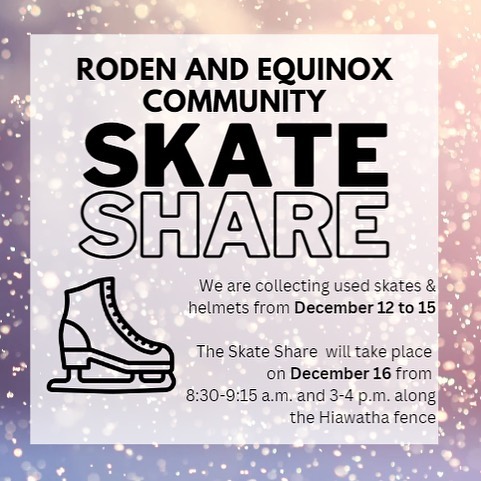 Don’t forget to bring your used skates and helmets to school this week! Collection bins have been placed at all school entrances. The Skate Share is taking place on Friday, December 16.