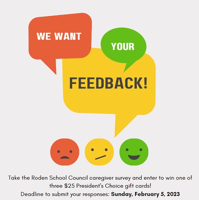 Roden parents and caregivers, we need your help! Roden School Council is looking for your feedback on council activities. Take our short (2-3 minute) survey and enter for a chance to win a $25 gift card. Links to the survey in English and Urdu are available at Roden.ca or check our story highlights for direct URLs.