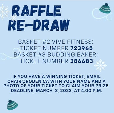 Last call for raffle prizes! Check your tickets and email chair@roden.ca with a photo of your ticket and your contact information. You have until tomorrow at 4:00 p.m. to claim your prize. If they remain unclaimed, they will be used at future events.