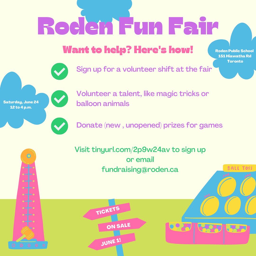 The Roden Fun Fair is fast approaching. 🎉🎉🎉 If you want to get involved, check out our volunteer sign-up form (link in bio) or email our fundraising lead (fundraising@roden.ca). Tickets go on sale next week!