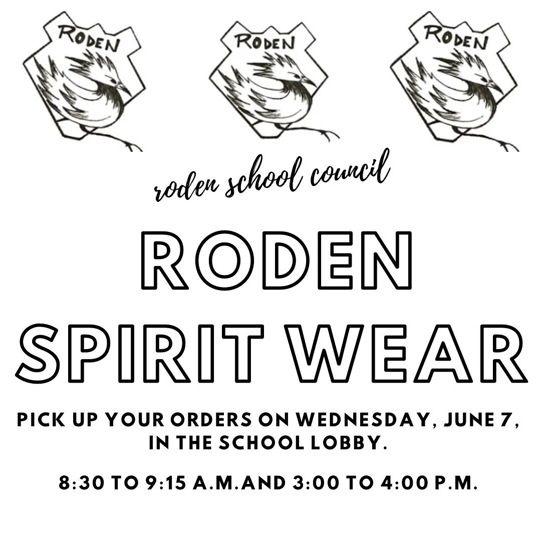 Spirit wear orders will be ready for pickup on Wednesday, June 7, in the school lobby, before and after school. Email chair@roden.ca if you need to make alternate arrangements. See you then!