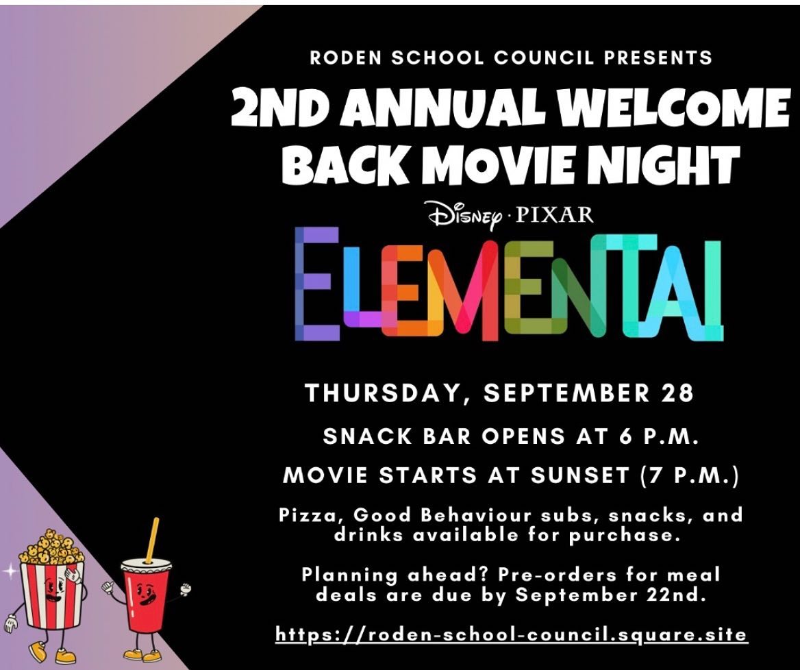 Mark your calendars — our Welcome Back Movie Night is next Thursday, September 28 in the schoolyard! The is a free event and we will have snacks, drinks, and pizza for sale on site. If you’re planning ahead and want to skip the line, pre-orders are open until September 22 for meal deals for adults and children. Pre-order slices of pizza or Good Behaviour subs + chips and a drink. (Subs are available for pre-order only). Go to roden-school-council.square.site for more. 🎥 🍿 (link in bio)